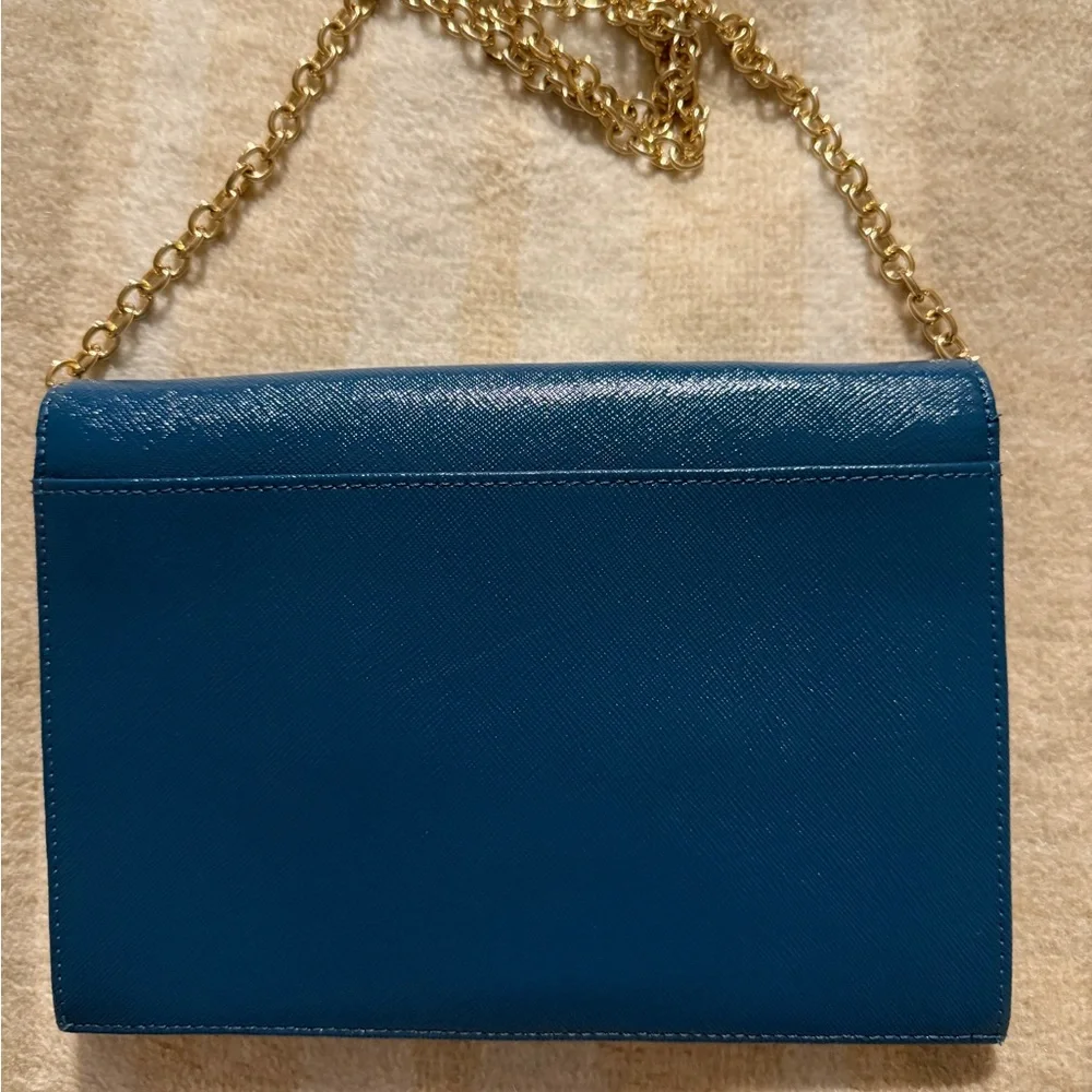 Nordstrom Halogen Peacock Blue Saffiano Leather Clutch Wallet Gold Chain Formal